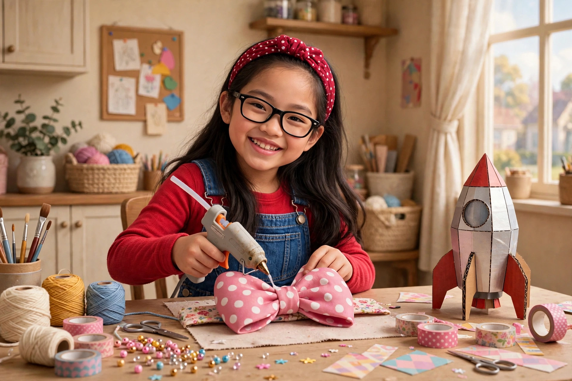 Mika at her craft table, gluing a giant pink polka-dot bow, a cardboard rocket beside her