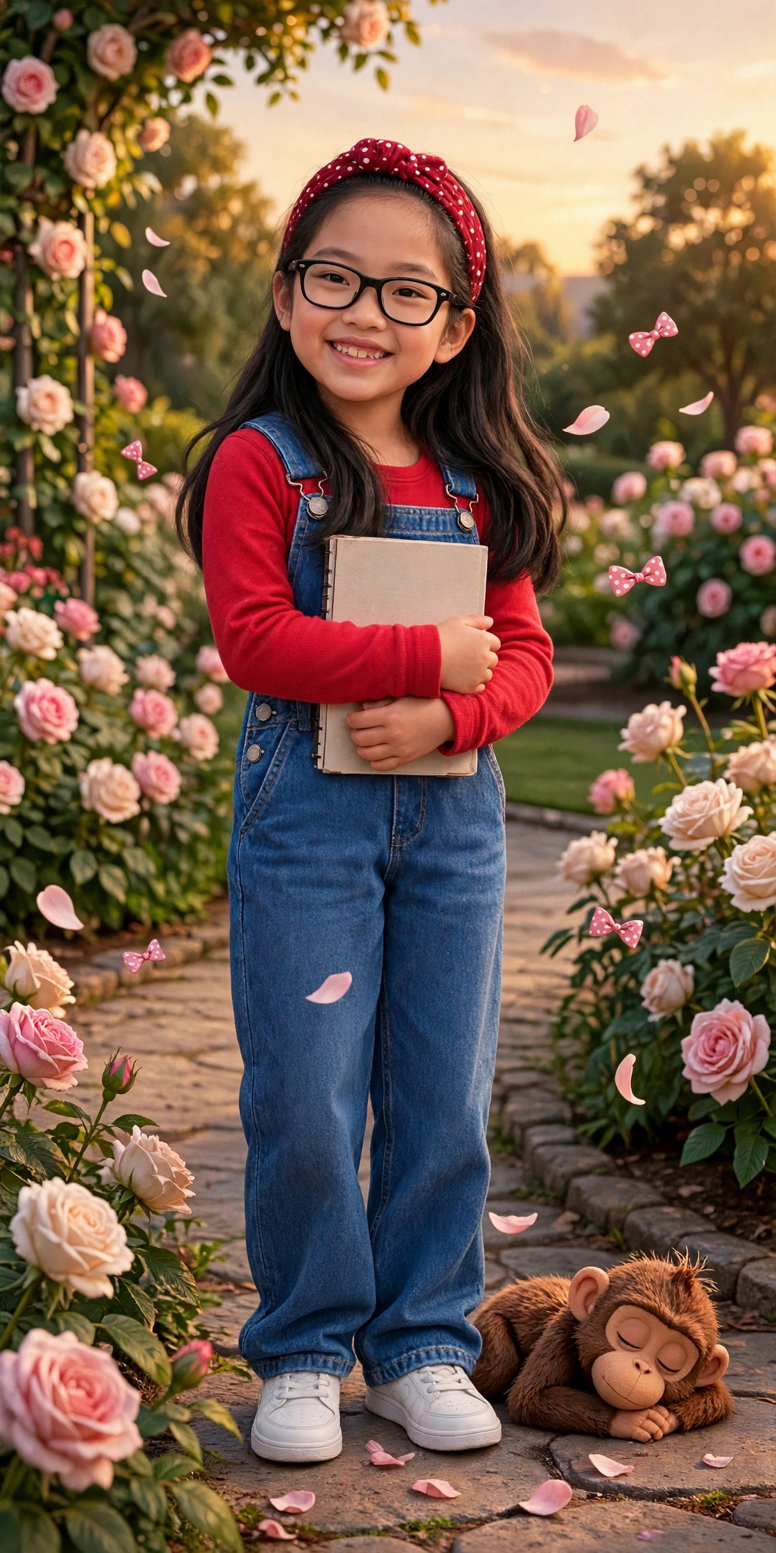 Mika standing whole in her rose garden, facing the viewer with her joyful gap-teeth grin and her head tilted gently into it, holding her notebook — black rectangular glasses, long wavy jet-black hair worn down, red polka-dot headband, red top under blue denim overalls and white sneakers, rose petals and small pink bows drifting around her and Momo the monkey plush asleep at her feet among the fallen petals