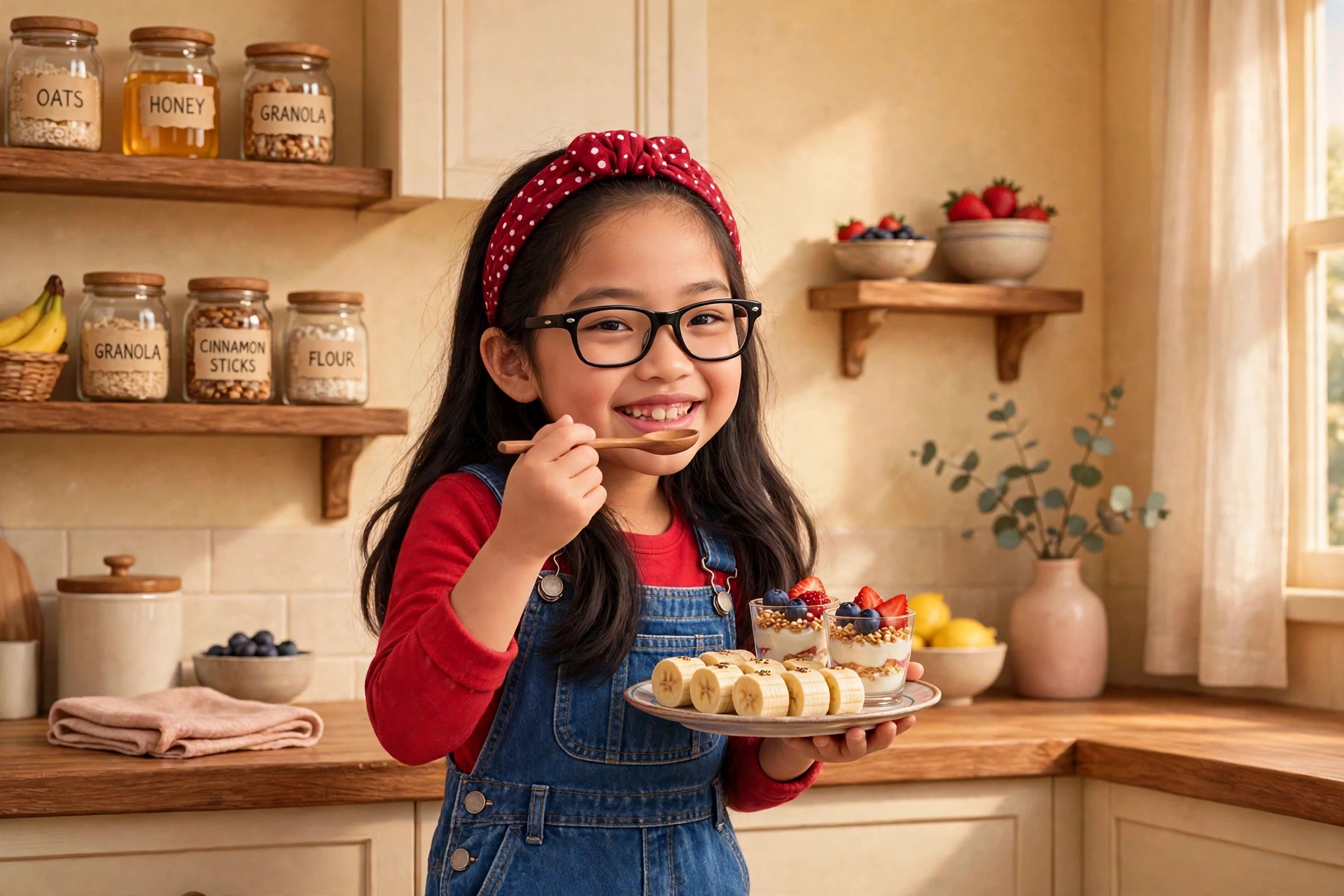 Mika in her kitchen, joyful gap-teeth grin, taste-testing from a wooden spoon while holding a plate of banana sushi rolls and berry parfait cups, red polka-dot headband and denim overalls