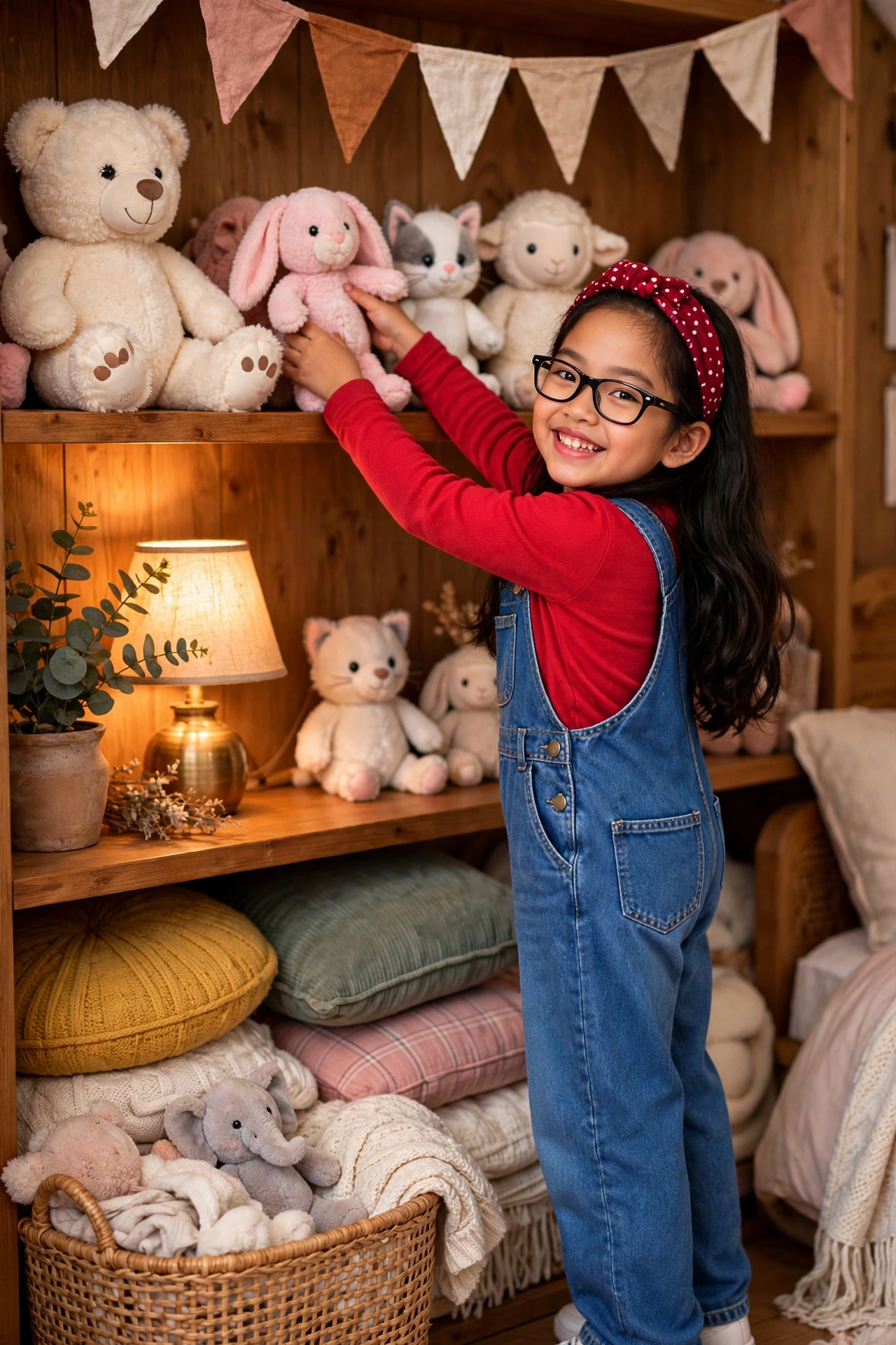 Mika placing a pink bunny plush onto her wooden shelf beside a big cream bear and a white kitten plush, turning to grin at the viewer