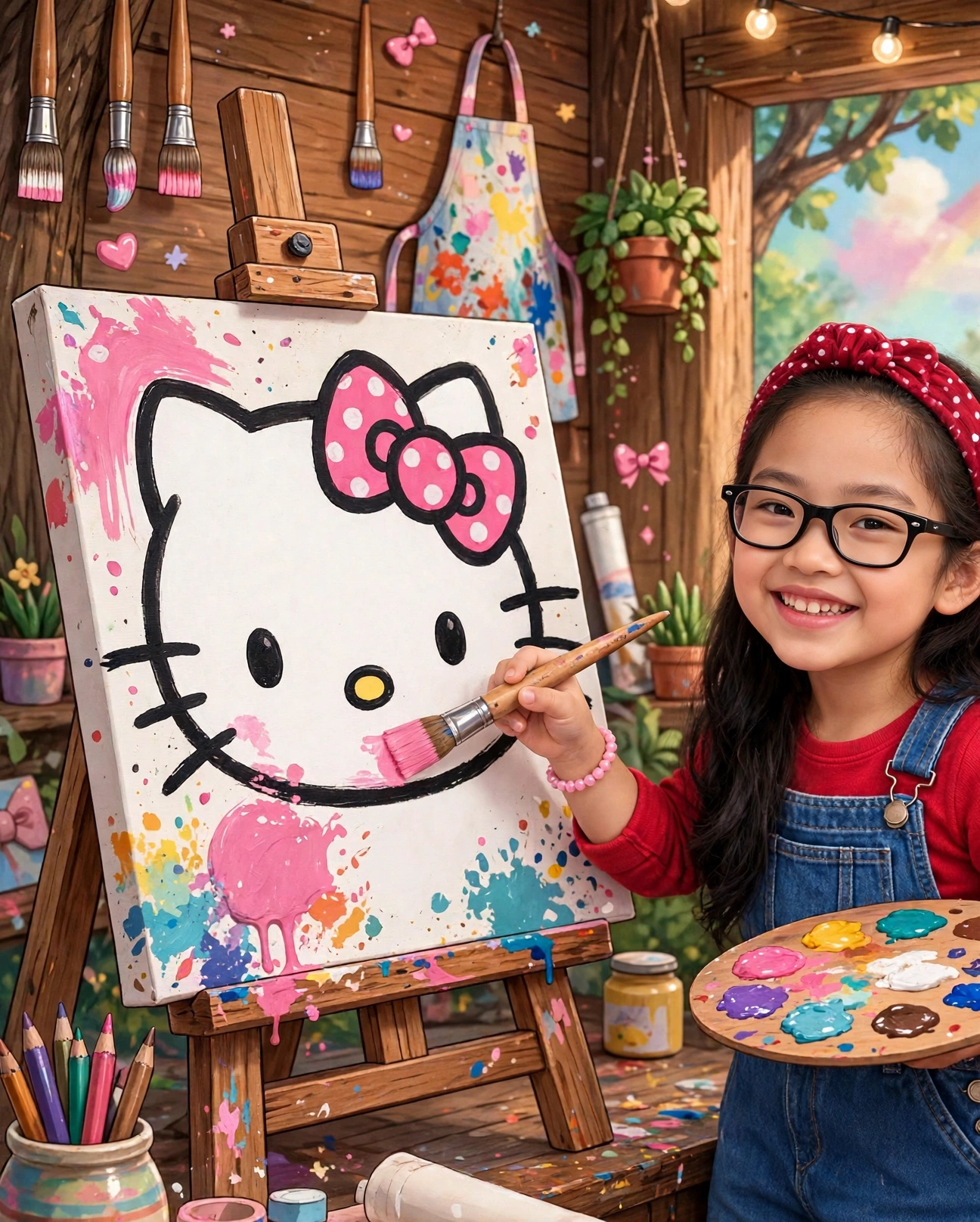 Mika in her art studio, painting a big Hello Kitty portrait on an easel, joyful gap-teeth grin, red polka-dot headband, red top under blue denim overalls