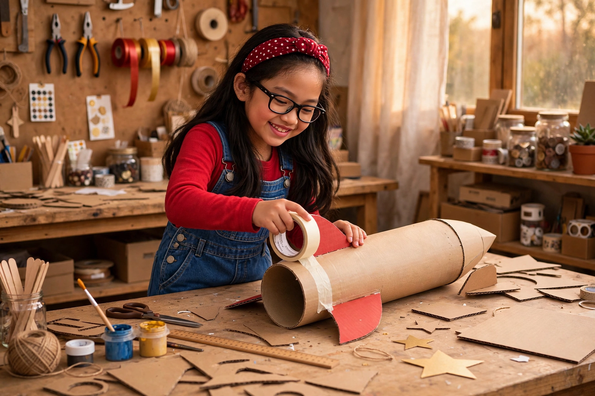 Mika mid-build at her workbench, taping a red fin onto her half-assembled cardboard rocket, eyes on her work, cardboard offcuts, paint pots, scissors and a pegboard of tools all around her