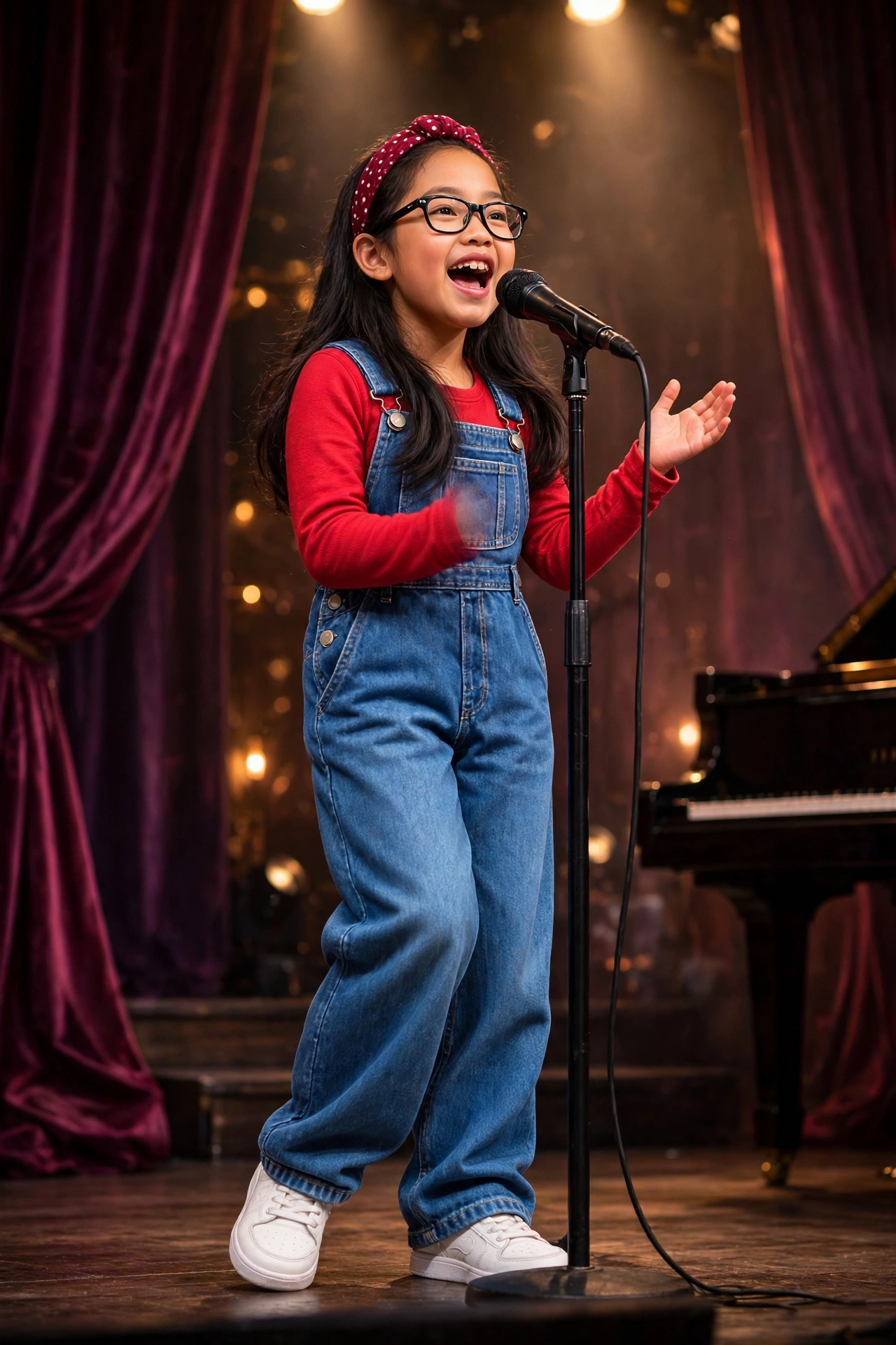 Mika mid-song at a microphone on stage, hand raised, mouth open singing, plum curtains and a piano behind her, red polka-dot headband and denim overalls