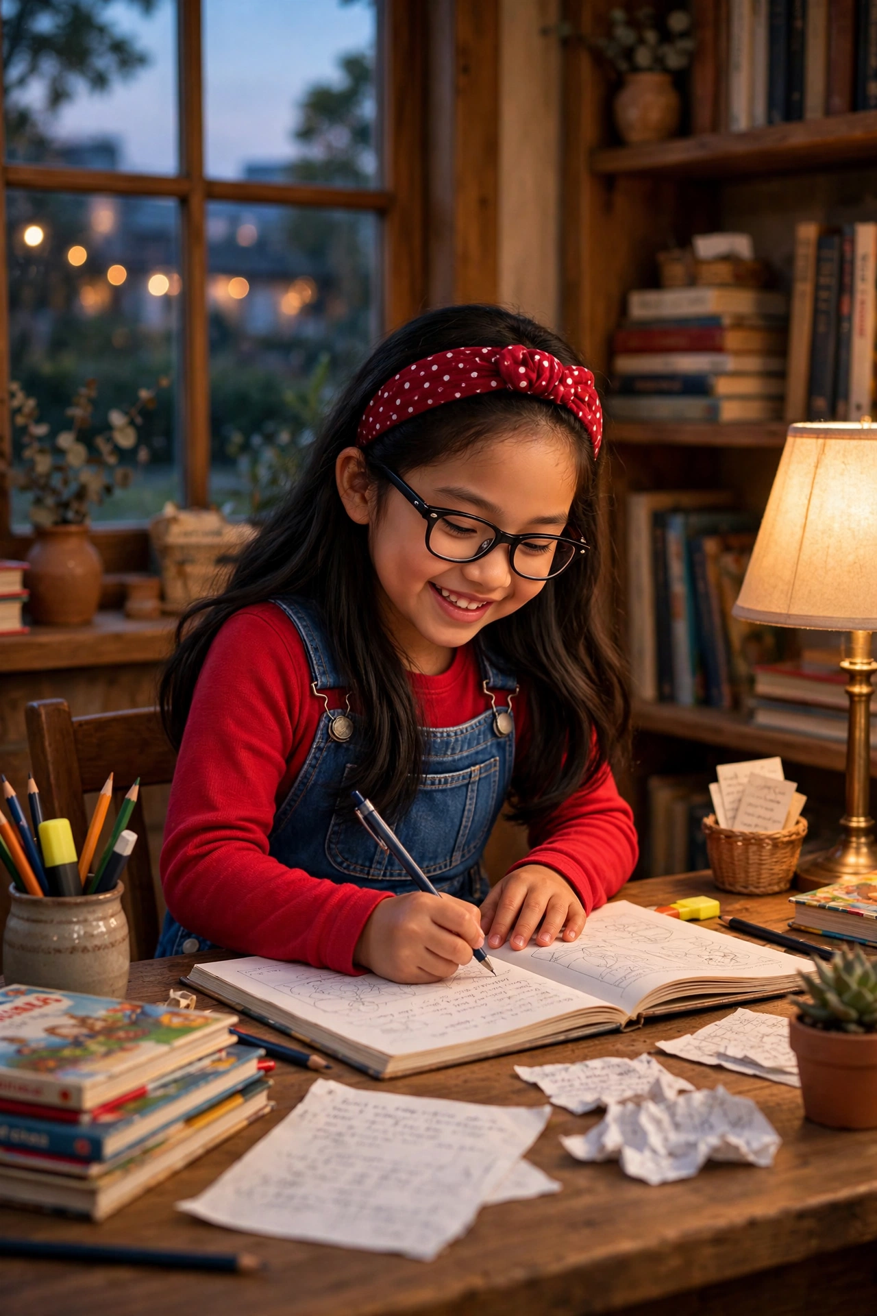 Mika at her writing desk, pen mid-word in a big open storybook, grinning down at her story, books, drafts and a warm lamp all around her